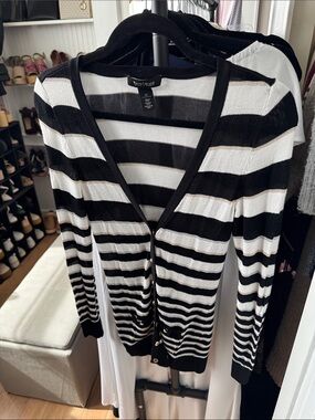 White House Black Market Black, White, Gold & Silver Stripe V-Neck Cardigan SzXS